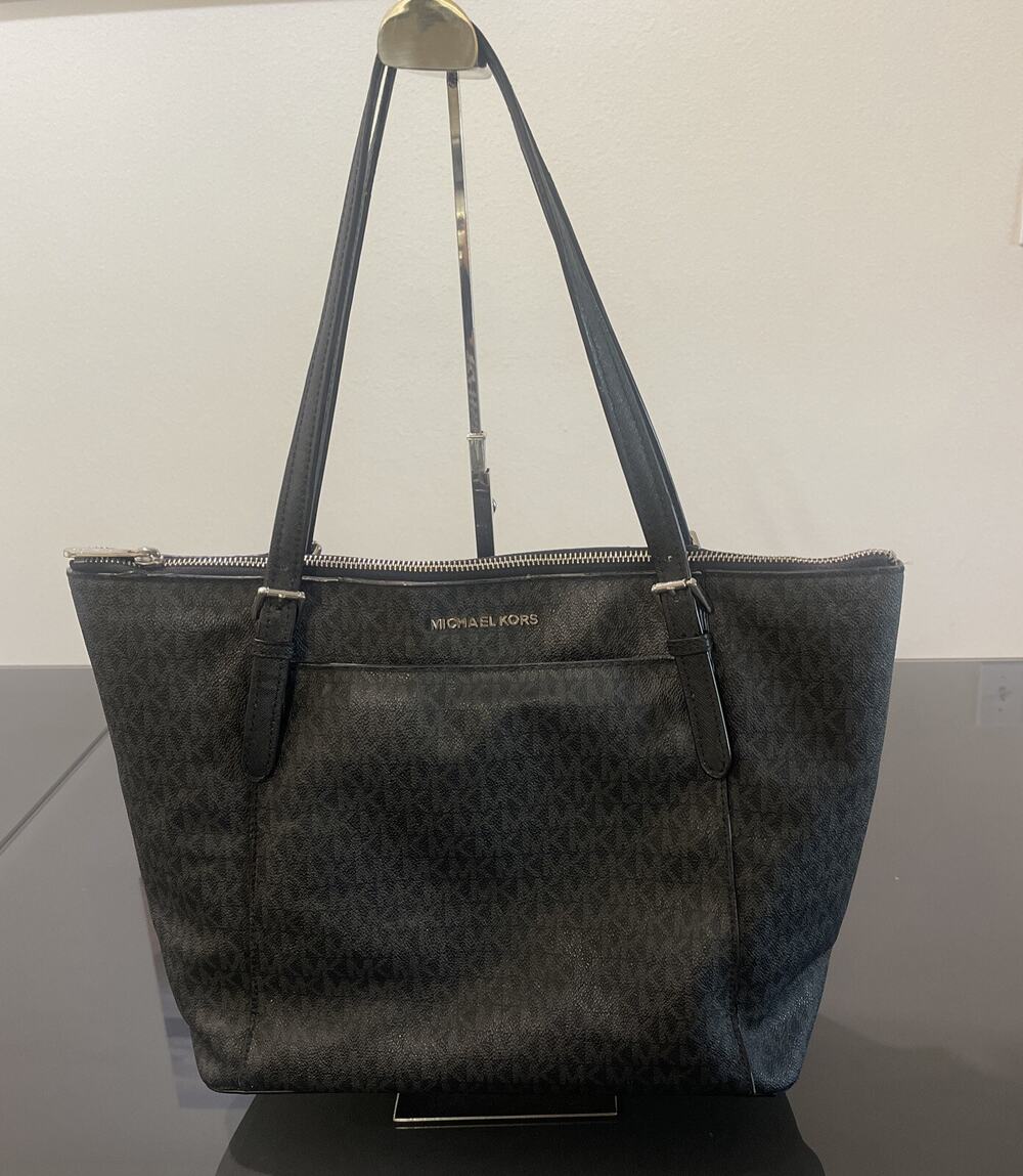 Michael Kors Jet Set MK Logo Black Leather Tote Bag Purse